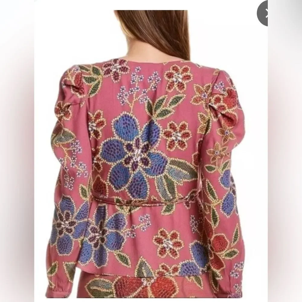 NEW Farm Rio Multicolor Floral Sequin V-Neck Long Puff Sleeve Wrap Blouse XS